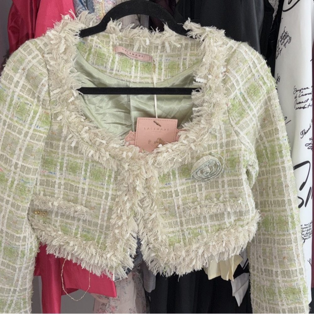 Chic Cream and Green Tweed Blazer